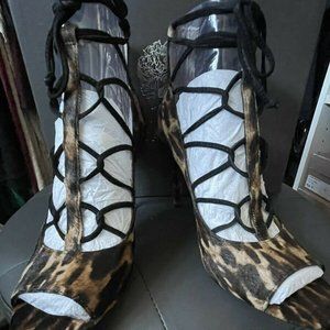 Vince Camuto Chennan calf hair Lace Up Dress Open-Toe Heels Shoes 8 Tan Taupe